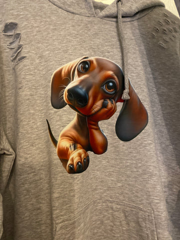 Distressed Adult Pale Grey  Hoodie with dachshund design