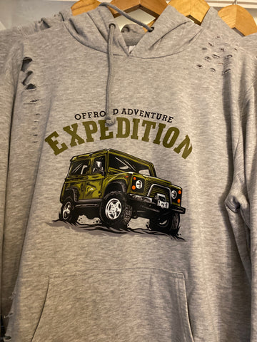 Distressed Adult Pale Grey  Hoodie with landrover design